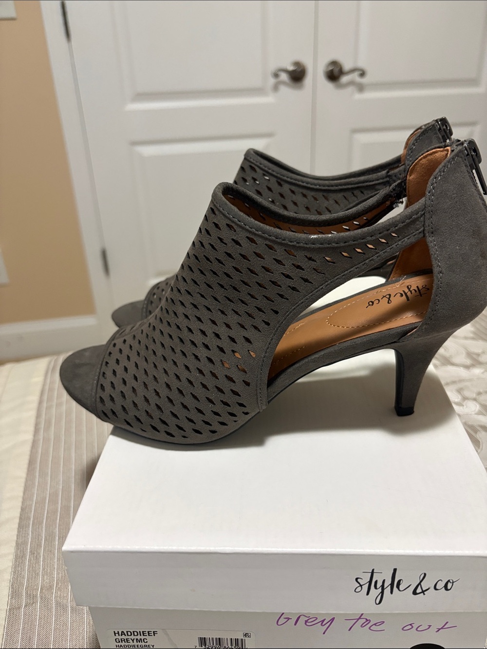 Style & Co. Grey Perforated Peep-Toe Heeled Sandals